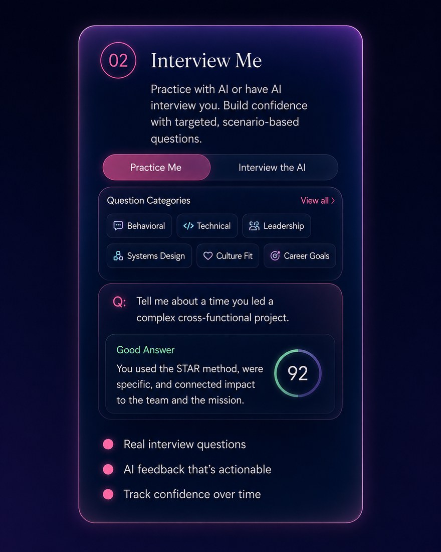 Interview Studio &mdash; practice answers, learn from coaching grounded in real history, and rehearse on camera.
