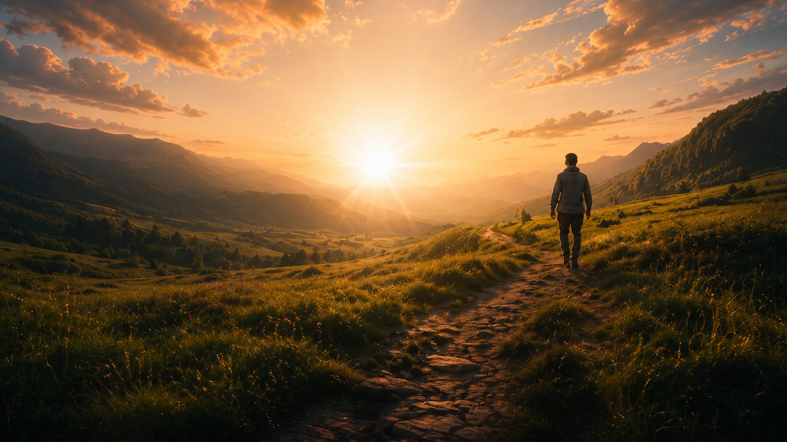 A warm mountain path at sunrise