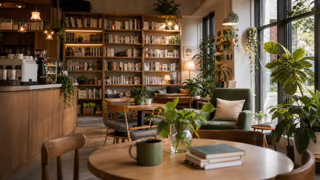 Illustrative warm bookstore and café interior with shelves, plants, tables, and a green chair.