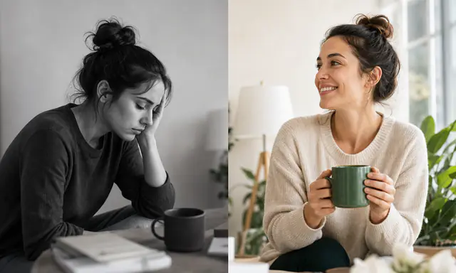 Illustrative before-and-after reset story: a tired person on the left and a refreshed person holding a mug on the right.