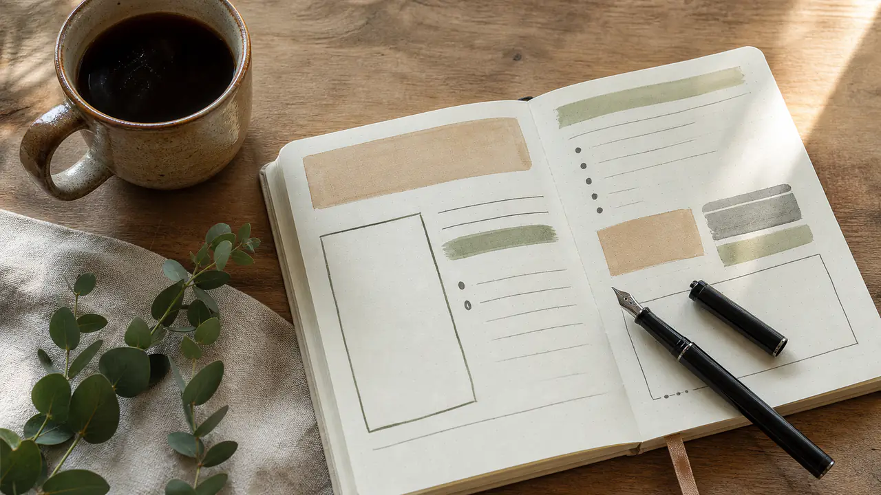 Coffee, an open notebook, and fountain pens on a wooden table