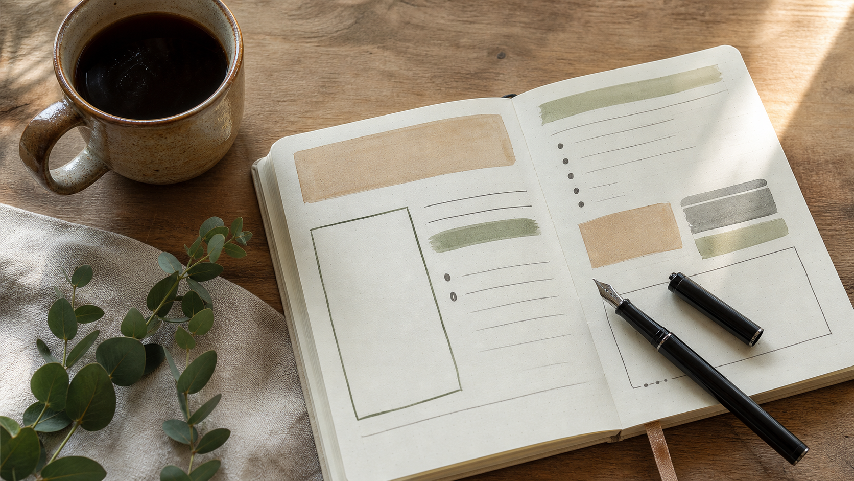 Coffee, an open notebook, and fountain pens on a wooden table