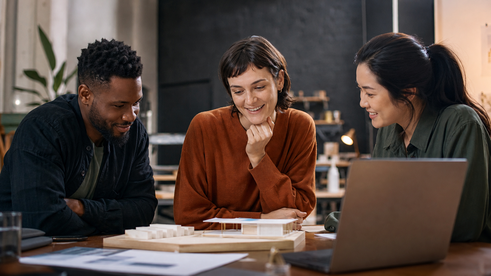 A team collaborating around a product demonstration
