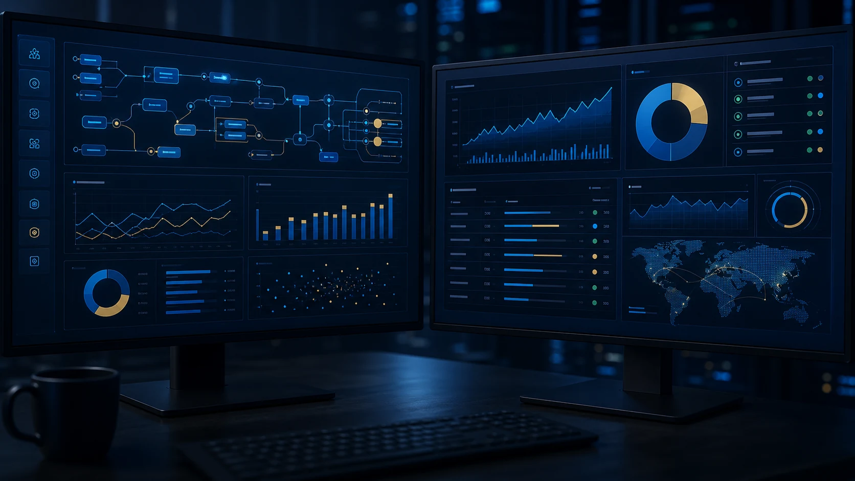 A dark engineering analytics dashboard with charts and system flows