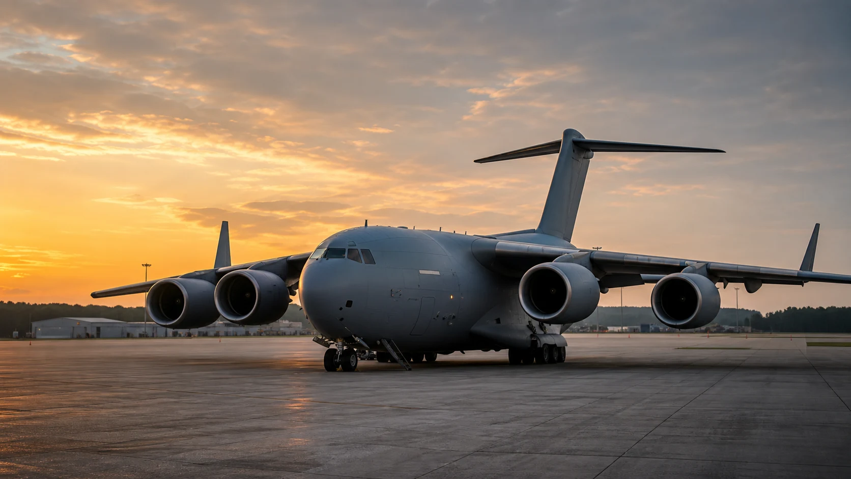 A transport aircraft on a maintenance apron at golden hour