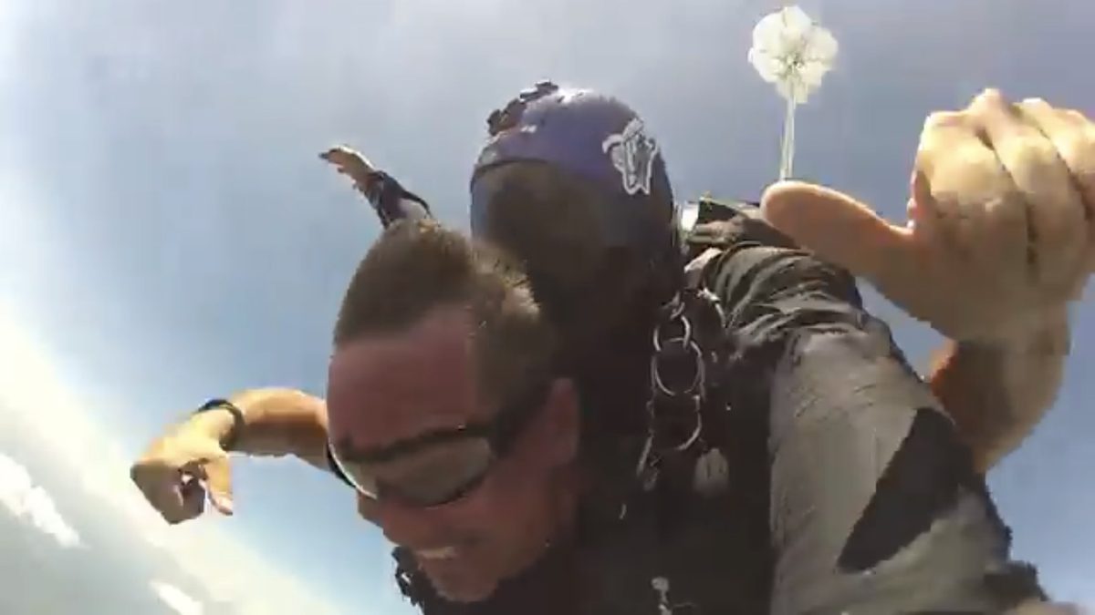 Pete mid-freefall during a tandem skydive